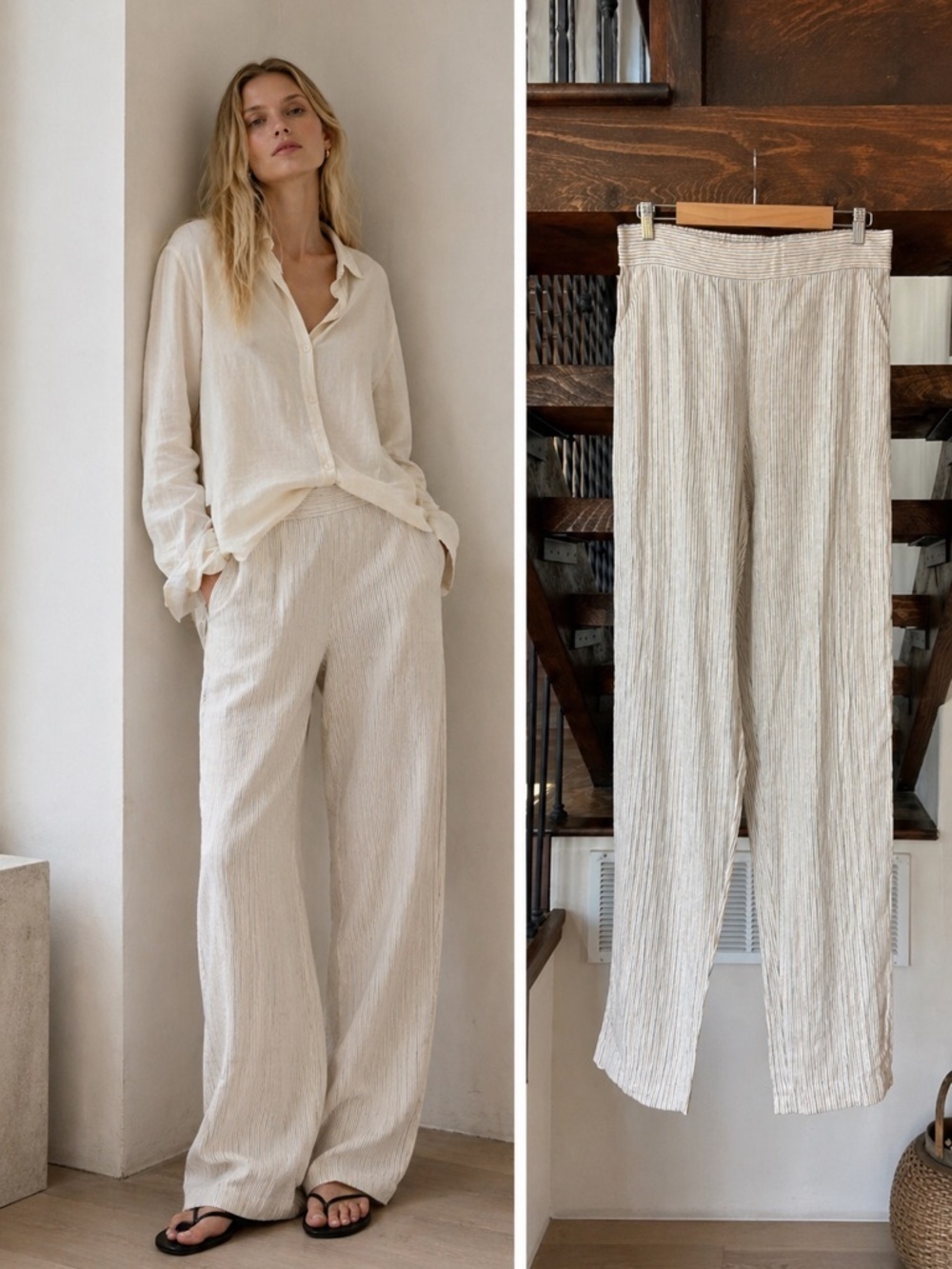 Max Studio Striped Linen Pants in Cream and Tan
